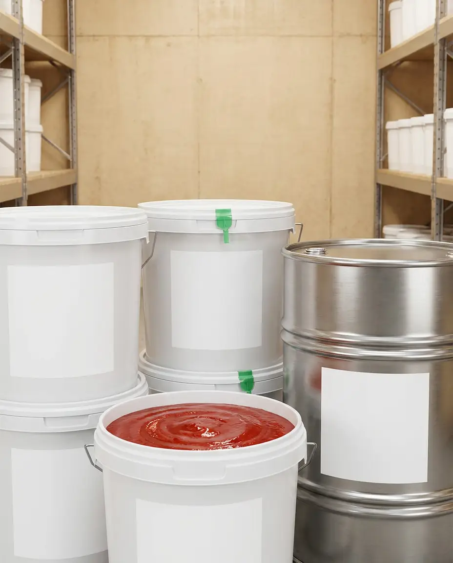 창고 선반 앞에 놓인 B2B 대용량 공급용 파우치와 스틸 드럼