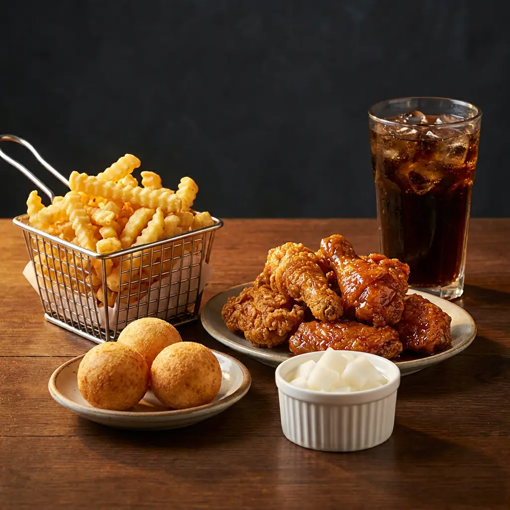 치킨과 통감자, 치즈볼, 콜라로 구성된 까투리 패밀리세트